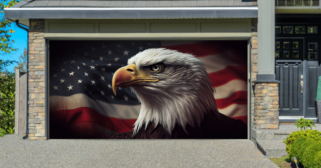 Garage door cover featuring an eagle in front of an American flag